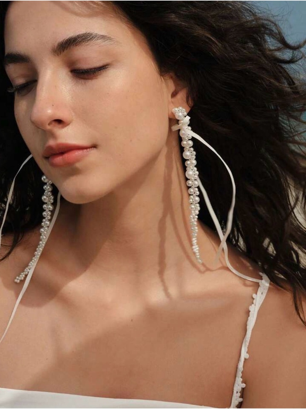 White Pearl Tassel Ribbon Drop Earrings - Picture 3 of 6